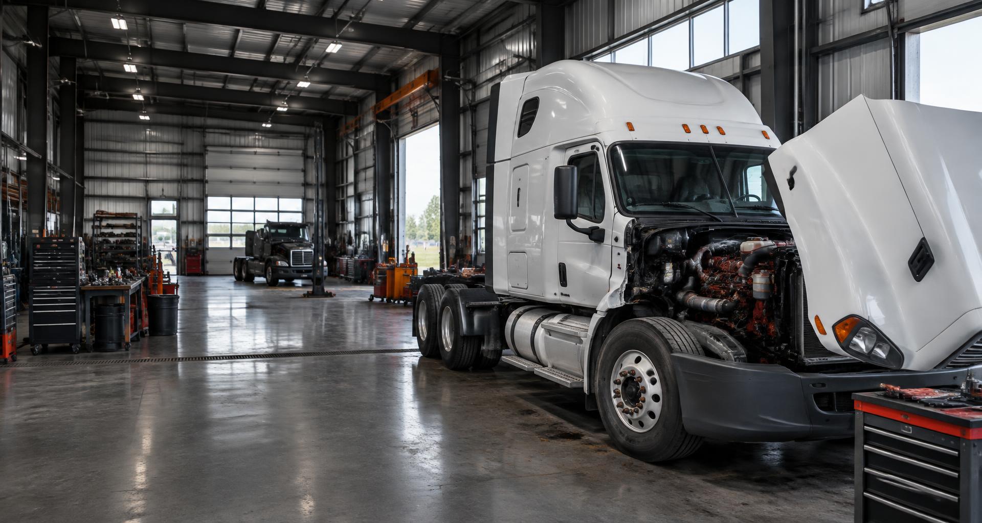 Class 8 truck with its hood open in a heavy-duty repair bay.
